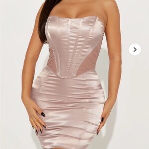 Fashion Nova Strapless Satin Dress in Soft Pink